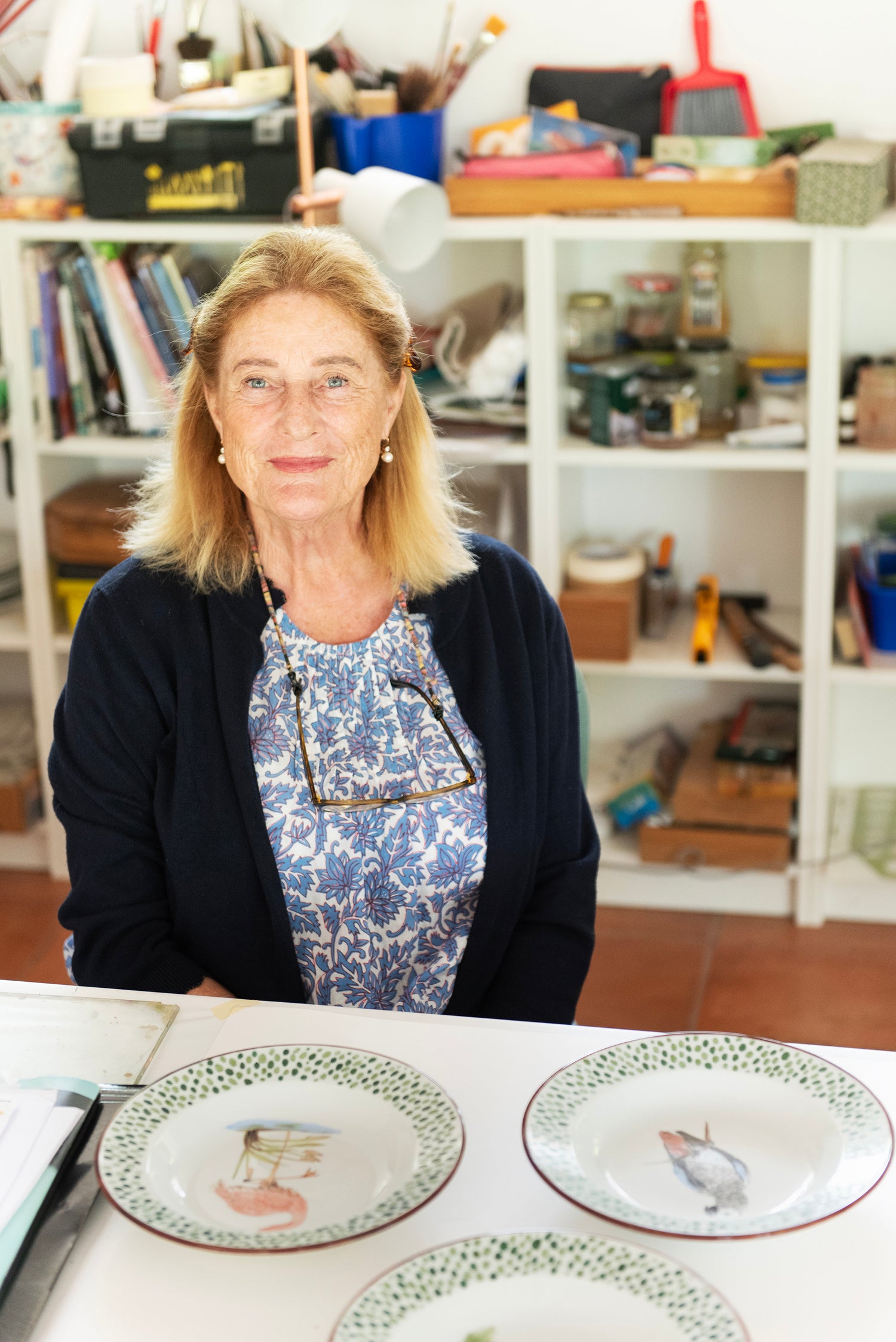 Estelle von Mentzingen in her Studio in Portugal, where she paints her illustrated plates from