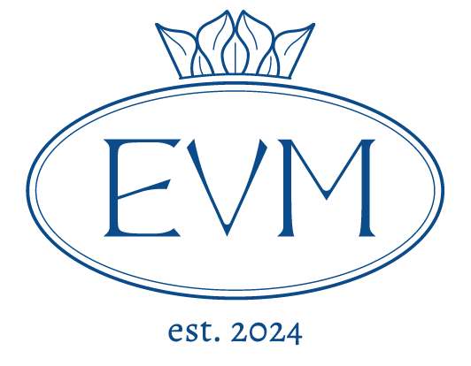 Logo with Date outlined in blue of the brand EVM Porcelain
